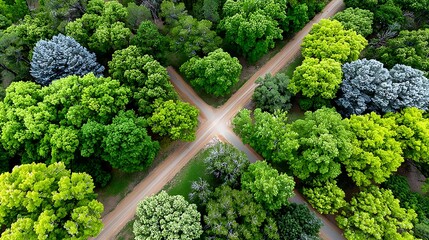 Aerial View of Four Way Dirt Road Intersection Surrounded by Lush Trees