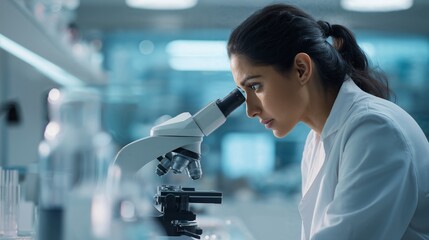 Focused Indian female scientist in a lab coat is using microscope, conducting research or analysis. Young woman biologist examining samples in modern laboratory with blurred background.