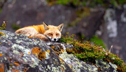 Restful wilderness: A red fox sleeping serenely on a moss covered rock