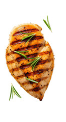 Grilled chicken breast with grill marks, seasoned with black pepper and garnished with fresh rosemary, isolated on transparency background, healthy and appetizing meal concept
