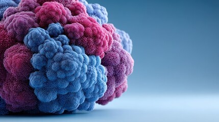 A vibrant, three-dimensional representation of a complex molecular structure, featuring a cluster of textured, spherical forms in shades of purple and blue, set against a soft, light blue backdrop.