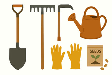 Gardening tools and equipment: shovel, rake, hoe, watering can, gloves, seed packet