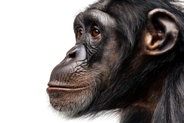 Expressive side portrait of chimpanzee with realistic fur texture and intelligent gaze isolated on transparent background