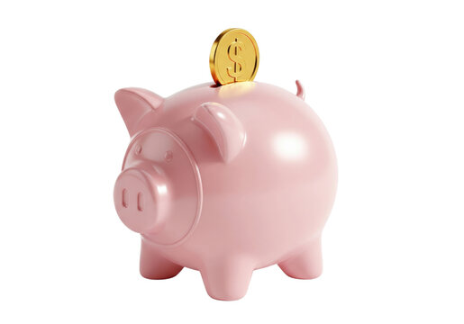 Piggy bank coin savings finance pink money investment gold isolated wealth. pink piggy bank with gold coin on top symbolizes saving money and financial security evoking sense of optimism