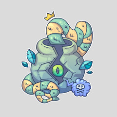 A cracked stone jar with a green eye, crowned worm, blue crystals, and a small cloud-like creature. Cartoon vector character. Trendy style. Vector illustration.