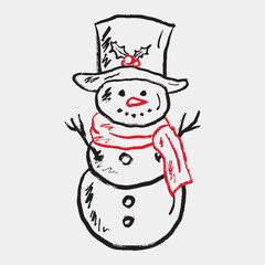 Hand-drawn sketch of a smiling snowman with a hat, a scarf and buttons, a classic symbol of Christmas and winter holidays. Vector sketch illustration in doodle crayon vintage style