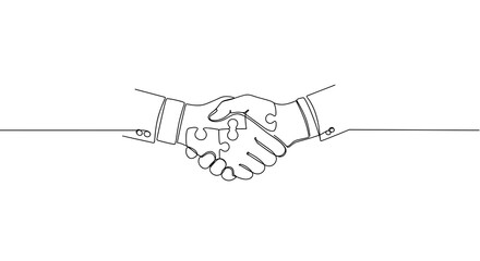 Handshake with puzzle pieces representing partnership in line art  