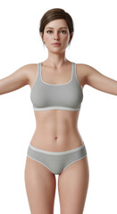 Fototapeta premium Woman in gray sports bra and underwear stands with arms slightly raised, neutral expression, athletic build, healthy skin, isolated on transparency background, fitness and wellness concept