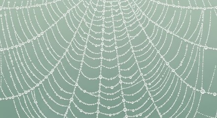 Obraz premium Delicate Spiderweb Covered in Dewdrops on a Soft Green Background