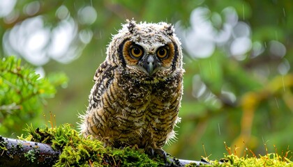 Fototapeta premium Baby owl in a forest during rain