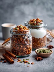 Pumpkin yogurt parfaits with granola and whipped cream on wooden tray with nuts. Pumpkin Spice Granola, cozy seasonal concept