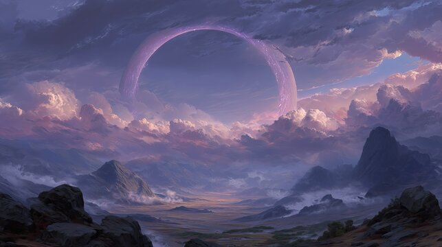 Imaginary world with a huge purple ring portal rising from cloudy sky over a fantasy mountain valley. Concept of sci-fi adventure game.