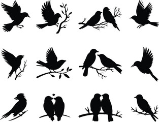Obraz premium Bird silhouettes, flying birds, perched birds, bird interaction, nature shapes, wildlife silhouettes, black birds, artistic birds, branch birds, avian poses