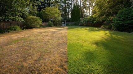 Obraz premium a backyard lawn photographed from above in a side-by-side before and after layout, left side showing dry, patchy, discolored grass with scattered debris, right side showing freshly grown, even