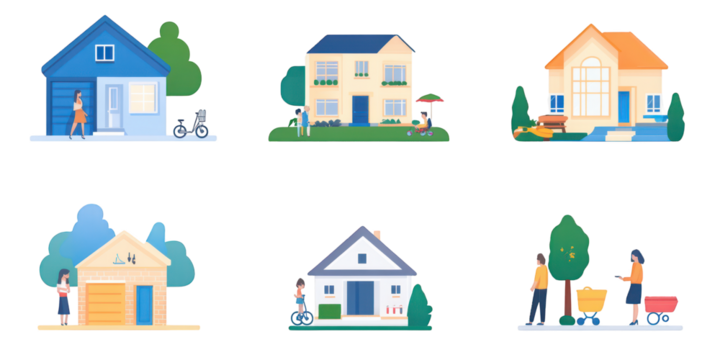 Diverse Collection of Flat Style Houses and People in Outdoor Settings home building isolated on a transparent background