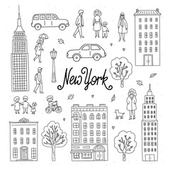 Hand drawn New York doodles. Vector New York illustrations on white background. Cute city clipart