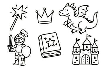 Magical kingdom adventure with knight, dragon, castle, wand, crown, and book