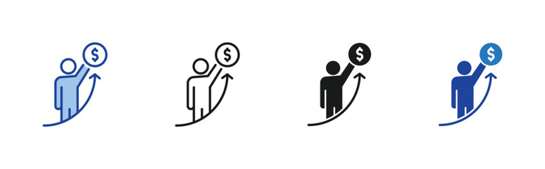 Salary Increase icon set containing line, blue and glyph style vector icons