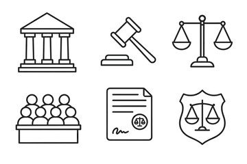 Legal symbols collection featuring gavel, scales of justice, courthouse, jury, document, and badge