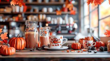 A festive coffee bar setup for Thanksgiving, adorned with fall-themed coffee syrups, pumpkin spice, and mugs decorated with Thanksgiving motifs