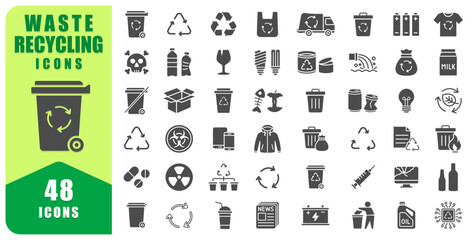 Waste Recycling Icon Symbol Set With 48 Designs. Recycle Icons Collection Includes Trash, Recycling Bins, Glass, Plastic, Metal, Paper, Batteries. Vector Illustration. Isolated On white 