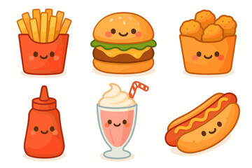 Cute cartoon fast food characters: burger, fries, nuggets, hot dog, milkshake, and ketchup