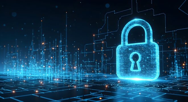 A glowing blue padlock formed from digital particles hovers above a circuit board-like structure, symbolizing cybersecurity and data protection. - Powered by Adobe