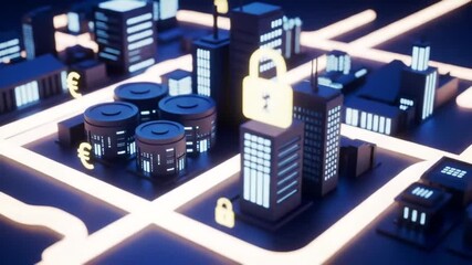 Cyberpunk style 3D rendering of a city with glowing euro currency symbols and a padlock on top of one building