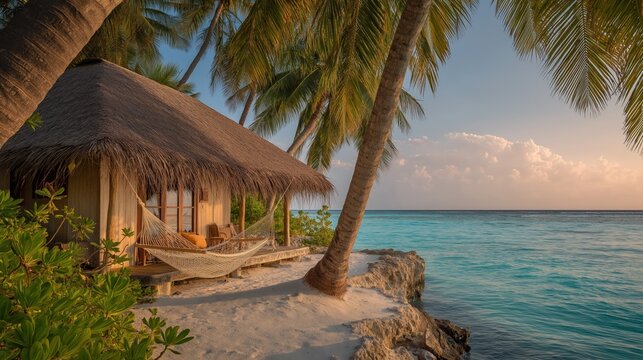 a charming tropical beach bungalow with a thatched roof and hammock, located steps from turquoise water, surrounded by lush palm trees and white sand, golden hour  - Powered by Adobe