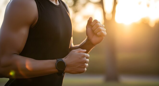 Close-up of a muscular man running outdoors at sunset, wearing a black tank top and a smartwatch, with blurred trees in the background. - Powered by Adobe
