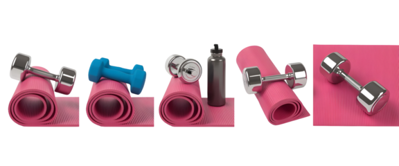 Fitness equipment including yoga mats, dumbbells, and water bottle, isolated on transparent background