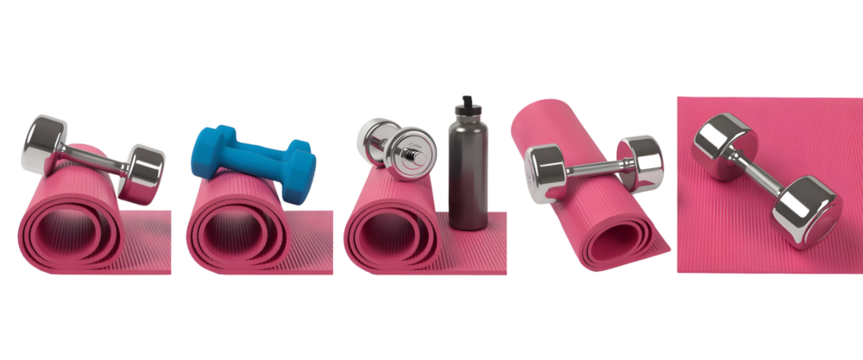 Fitness equipment including yoga mats, dumbbells, and water bottle, isolated on transparent background