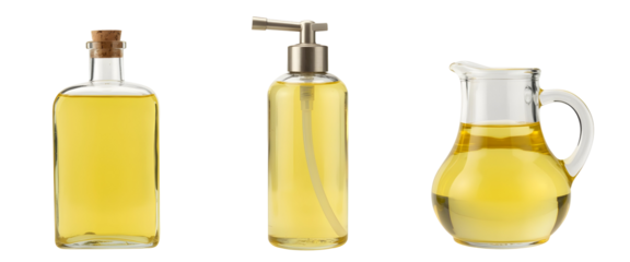 Bottles and jug with yellow liquid isolated on transparent background