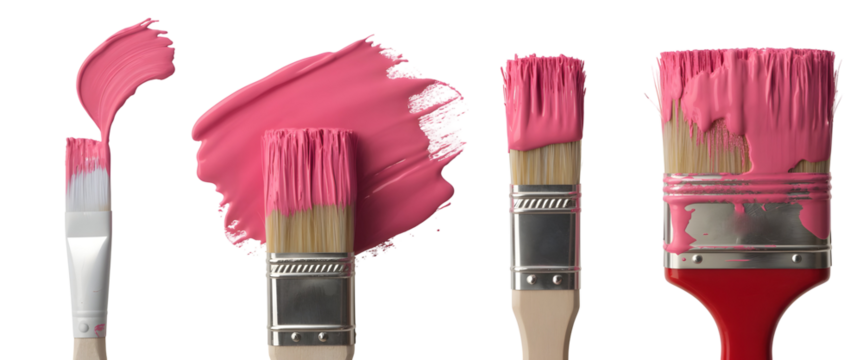 Paint brushes with pink paint strokes isolated on transparent background