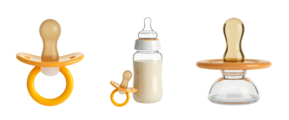 Baby pacifiers and milk bottle isolated on transparent background