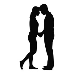 Silhouette of couple standing face to face holding hands with foreheads touching, symbolizing intimacy, emotional connection, and affection