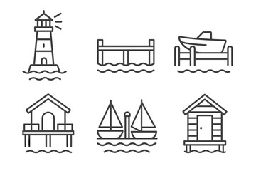 Nautical icons: lighthouse, pier, boat, dock, sailboat, cabin line art