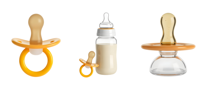 Baby pacifiers and milk bottle isolated on transparent background