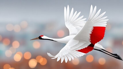 Obraz premium Stunning White Crane in Flight with Elegant Red Wings Against Soft Background