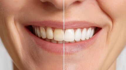 a close-up side-by-side image of a woman's natural smile, left side showing slightly yellowed, unwhitened teeth with natural enamel texture, 