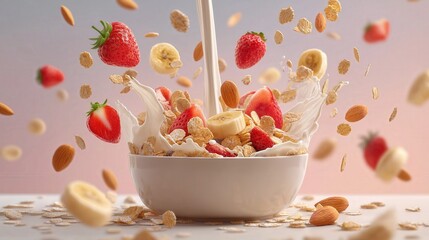a close-up studio shot of a ceramic breakfast bowl filled with cereal on a white surface, ingredients exploding upward in motion: strawberries, banana slices, granola clusters, oat flakes, 