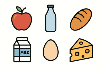 Collection of simple food icons: apple, milk bottle, bread, milk carton, egg, cheese