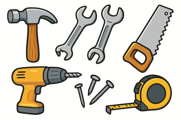Cartoon hand tools collection: hammer, wrenches, saw, drill, nails, tape measure