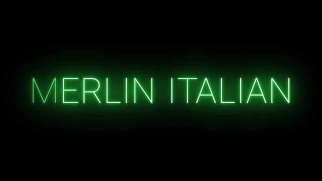 Flickering neon green merlin Italian sign animated on black background.
