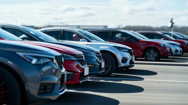 Modern Cars in Dealership Lot. Row of modern cars in a dealership parking lot, ideal for automotive industry and commerce themes.