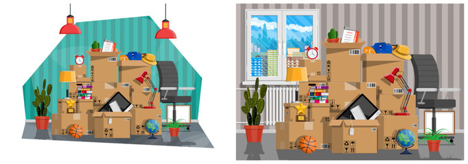 Moving to new house or flat. Cardboard boxes with home stuff. Relocation in office or apartment.