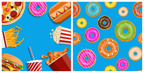 Colorful fast food and sweet donuts collection. Background with assortment of junk food for menu, advertisement.