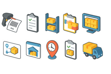 Logistics and warehouse flat icon set: delivery, storage, inventory management icons