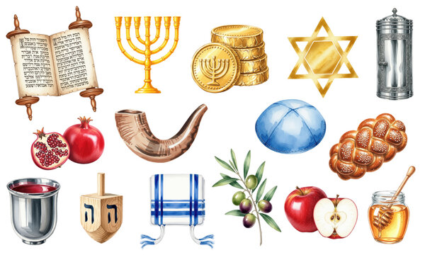 Jewish Holidays Traditions Watercolor Set of Religious Elements