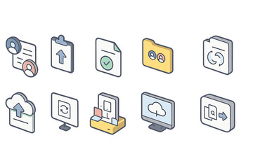 Data management icon set. 3d icons for database, storage, and network visualization